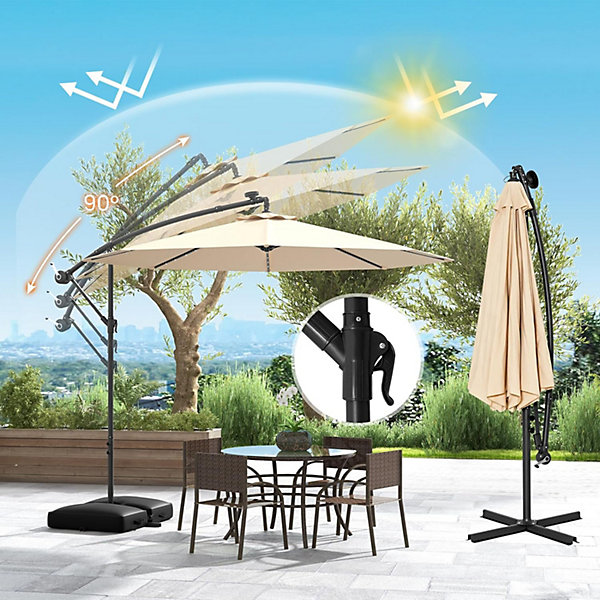 Parasol de Jardin avec 32 Lampes Solaires Parasol Déporté Inclinable avec Pied de Support pour Jardin Plage Beige