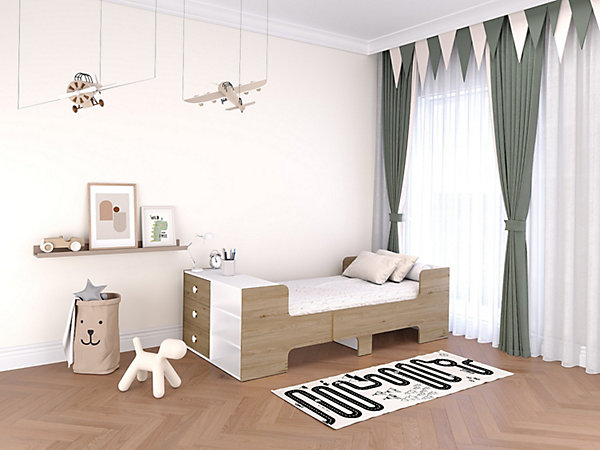 Lit évolutif 90 x 140/170/200 cm avec rangements - Coloris : Naturel et blanc - GAROLIO