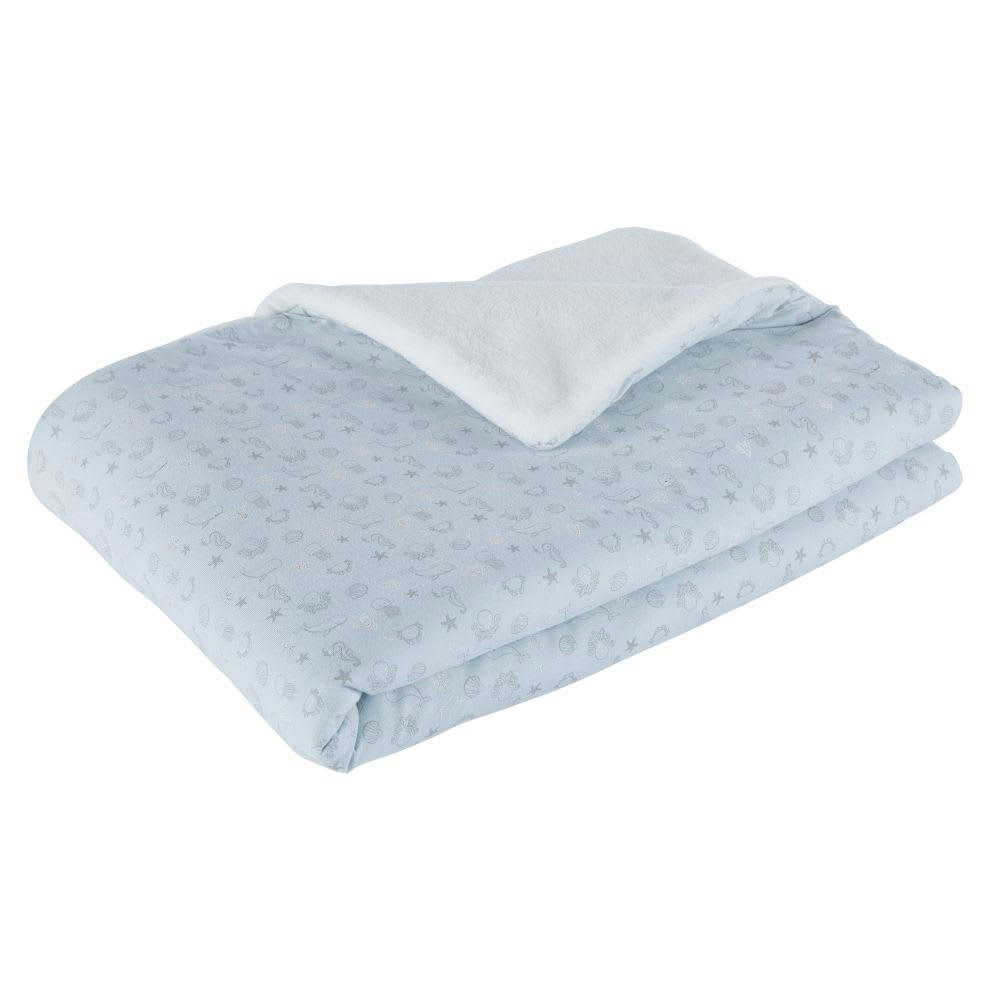 SAINT-MALO - Couverture bébé bleue, blanche et grise imprimé fonds marins 75x100