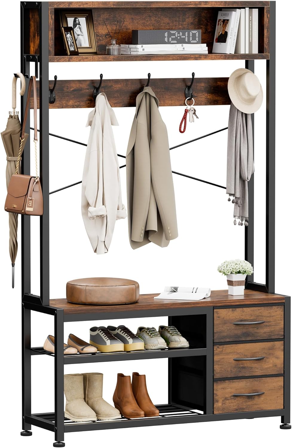 Lulive Hall Tree with Bench and Shoe Storage, 31.5 Coat Rack Freestanding with 2-Tier Storage Shelf, 6-in-1 Entryway Bench Coat Rack with 12 Hooks and 3 Drawers(Rustic Brown)