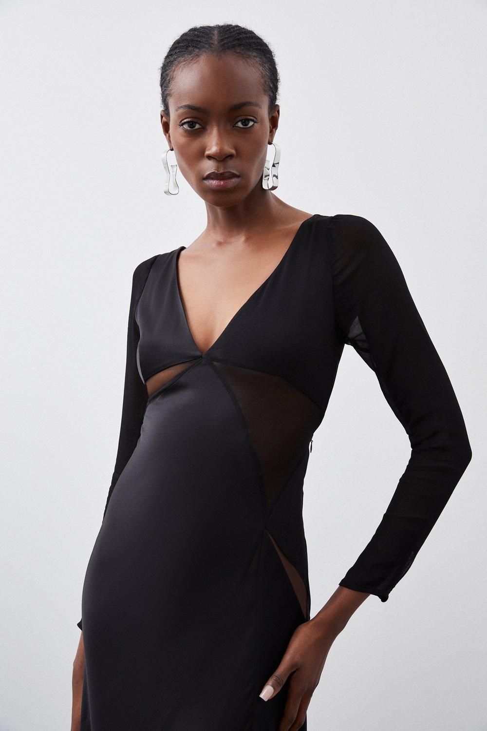 KarenMillen Ooto Sheer Panelled Long Sleeve Woven Maxi Dress