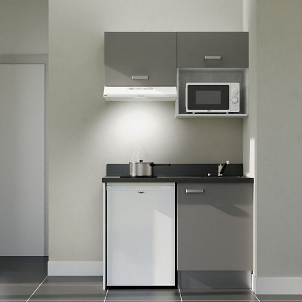 Kitchenette K02 - 120 cm - façades Gris - Plan monobloc en quartz coloris Nero évier à droite - Electroménager Blanc