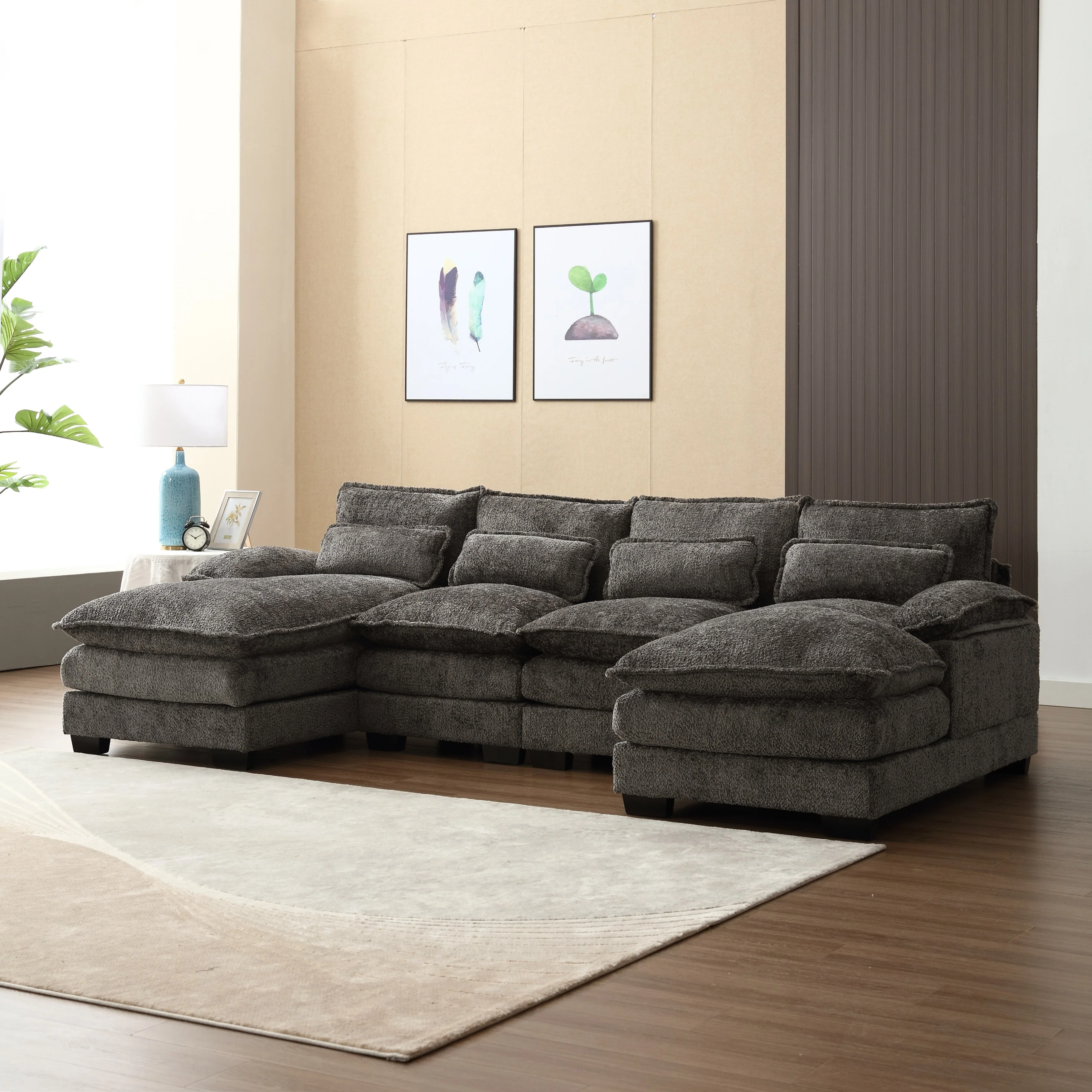 110.63'' Modern U-Shaped Chenille 4-Seat Sectional Sofa with Double Cushions, 2 Chaise Lounges, and High-Density Foam