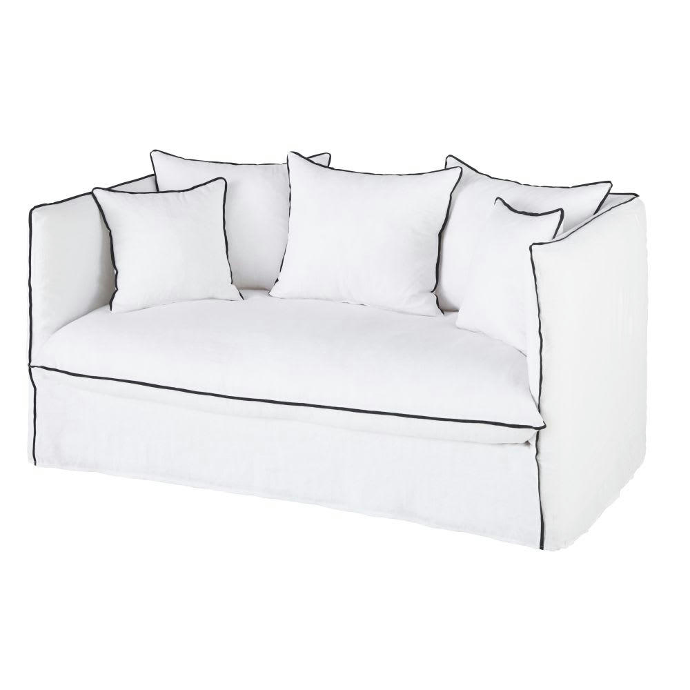 Louvain - Canapé 2 places en lin lavé blanc et volants noirs