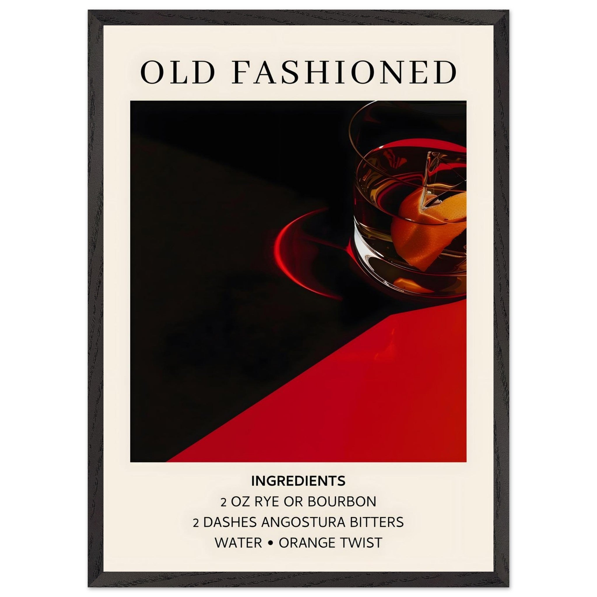 Artfulprints Poster met Lijst Old Fashioned cocktail - Ingrediënten  - 50x70 cm - Zwart