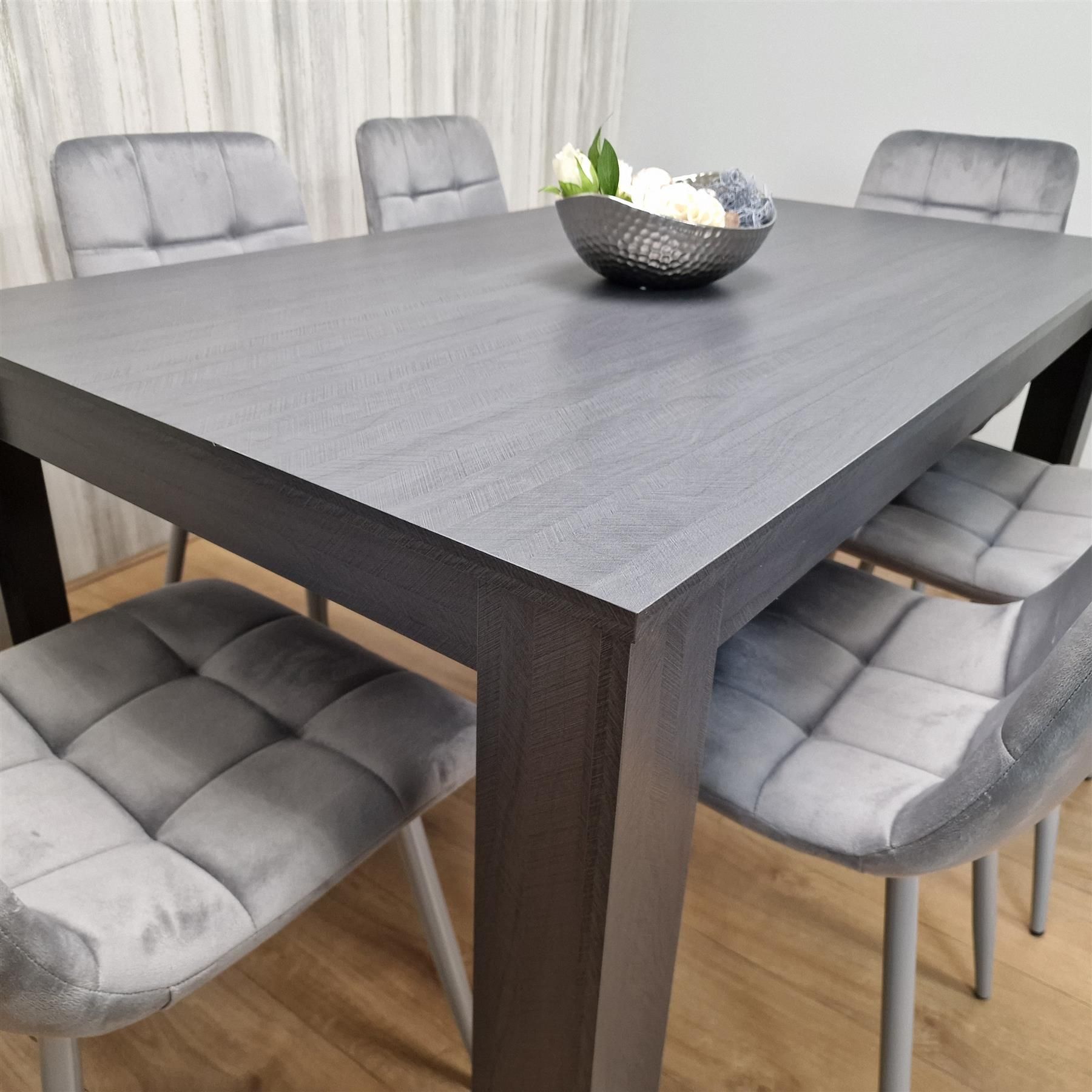 KOSY KOALA Dining Table and 6 Chairs Black Dark Grey 6 Grey Velvet Chairs Wood Dining Set Furniture