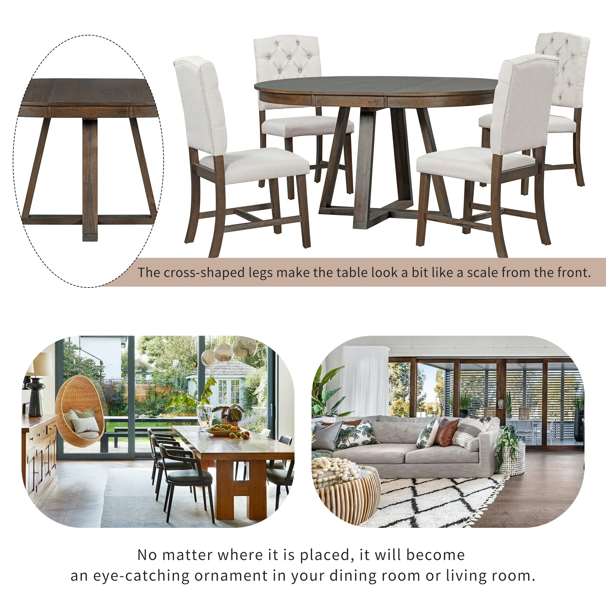 5-Piece Dining Table Set with 4 Upholstered Chairs, 16 Leaf Dining Table, Solid Wood & MDF, for Small Spaces and Dining Rooms