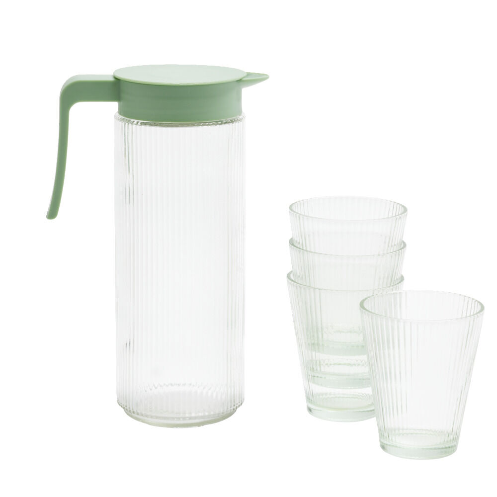 Pichet en verre et plastique vert avec 4 verres