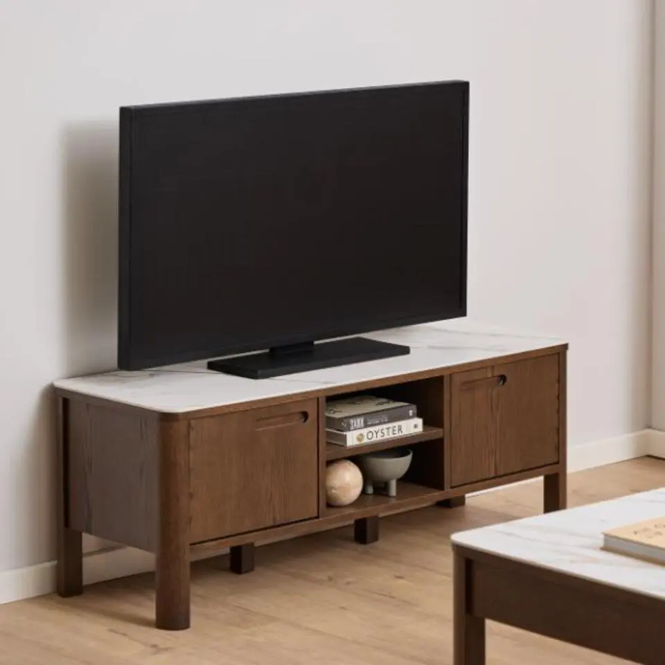 Tv-Meubel - Beige Keramiek - Walnoot - 120x40x45cm - Wilven