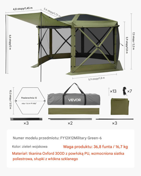 Namiot pawilon zielony 3,6x3,6 m z moskitierą szybki rozkład ogród patio