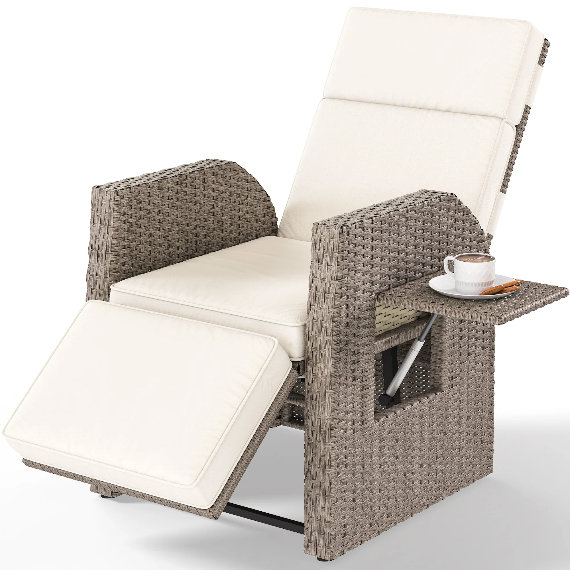 Moasis Outdoor Wicker Recliner Chair, Gliding/Lounge Chair with Adjustable Back & Footrest, Cushions