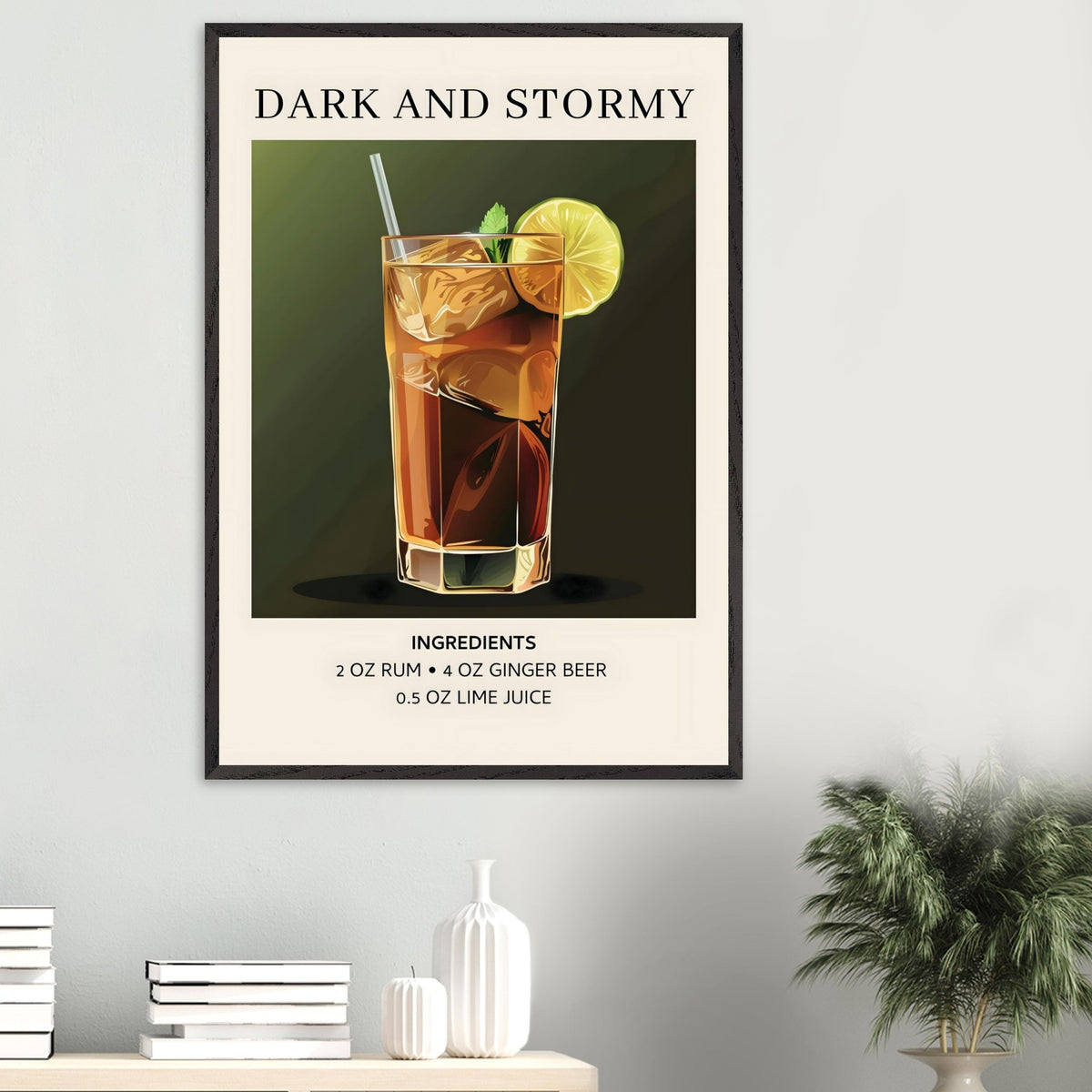 Artfulprints Poster Dark and Stormy cocktail - Ingrediënten  - 70x100 cm - Donkergroen
