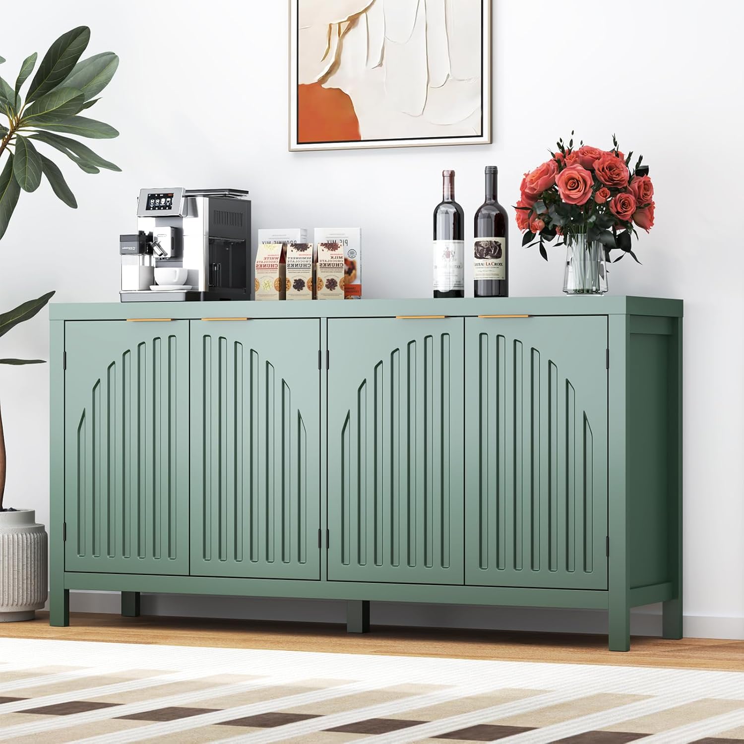 58 Modern Fluted Sideboard Buffet Cabinet with Storage, Modern Credenza with Arched Doors, Coffee Bar Table, Wood Media TV Console Table Credenza for Living Room Hallway Entryway (Green)