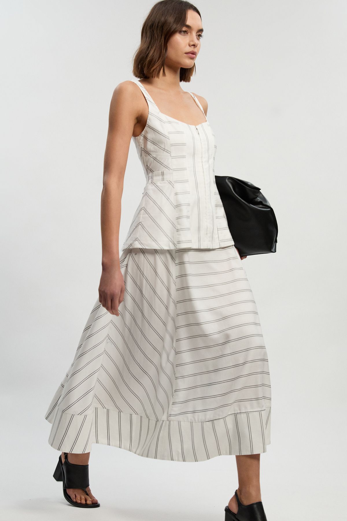 KarenMillen Bold Stripe Cotton Strappy Peplum Woven Maxi Dress
