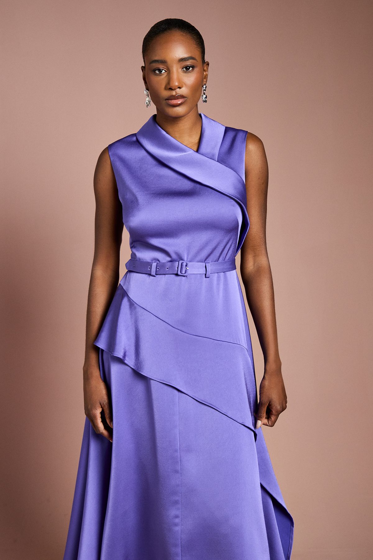 Coast Waterfall Ruffle Belted Satin Midi Dress