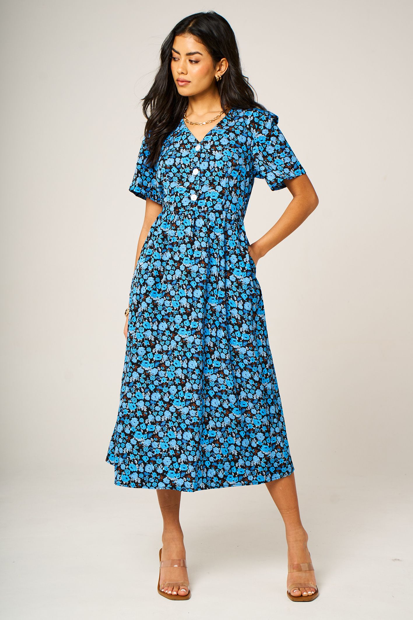 FS Collection Floral Print Button Detail Shirred Waist Midi Dress
