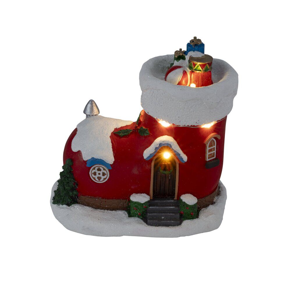 Maison de No&euml;l lumineuse forme botte rouge et blanche polyrésine 13x9xH13cm