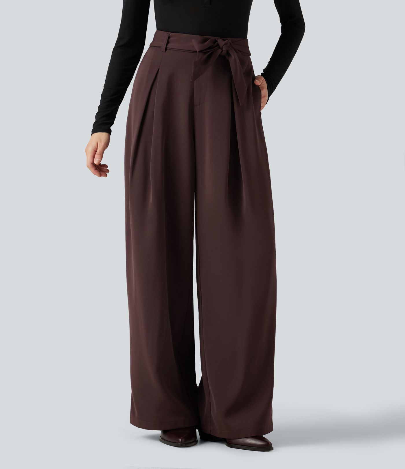 Pantalon de bureau baggy taille haute à ceinture, coupe large avec poches