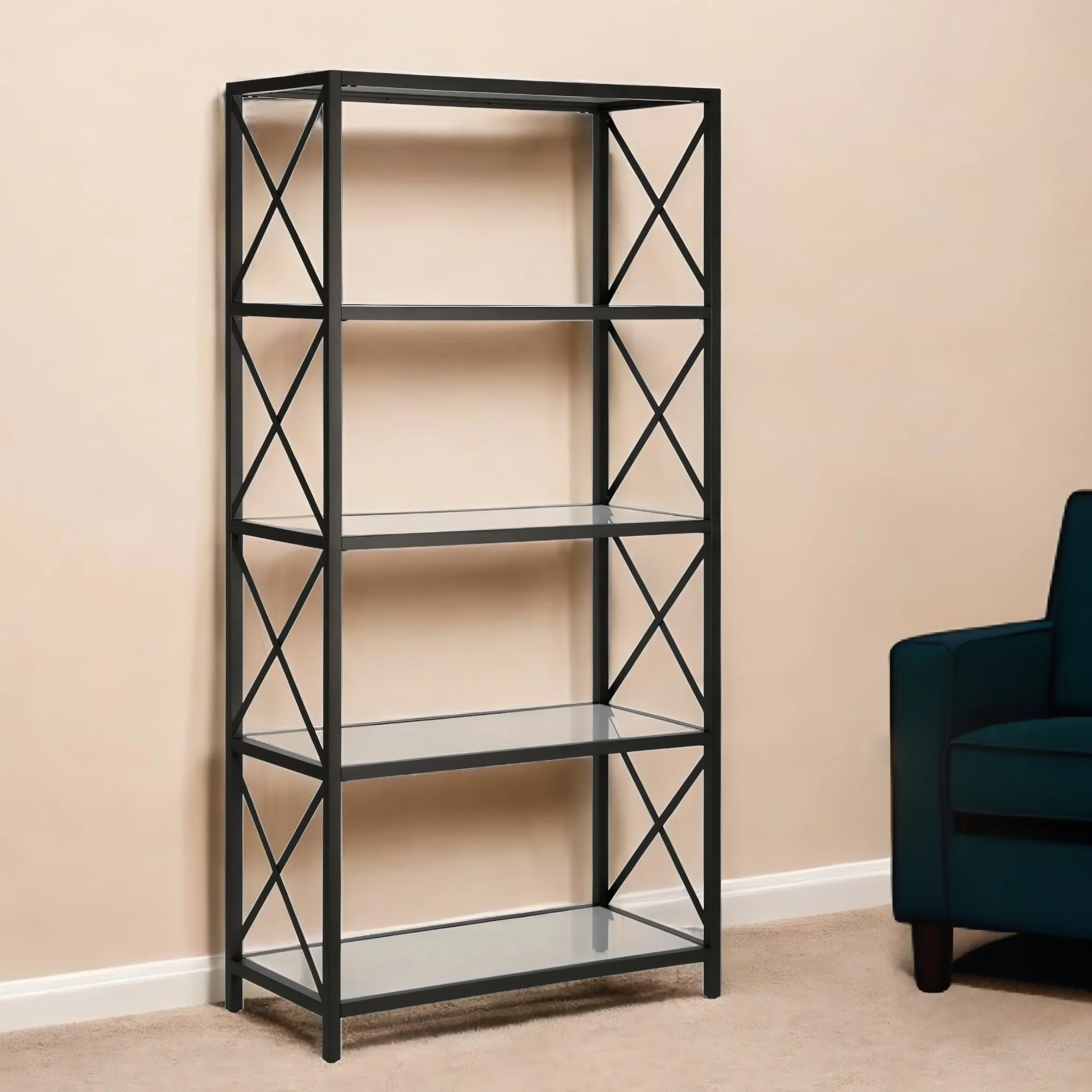 66 Tall Glass and Metal Etagere 5-Tier Contemporary Bookcase Shelf for Office and Living Room - 66”H x 30”W x 15”D