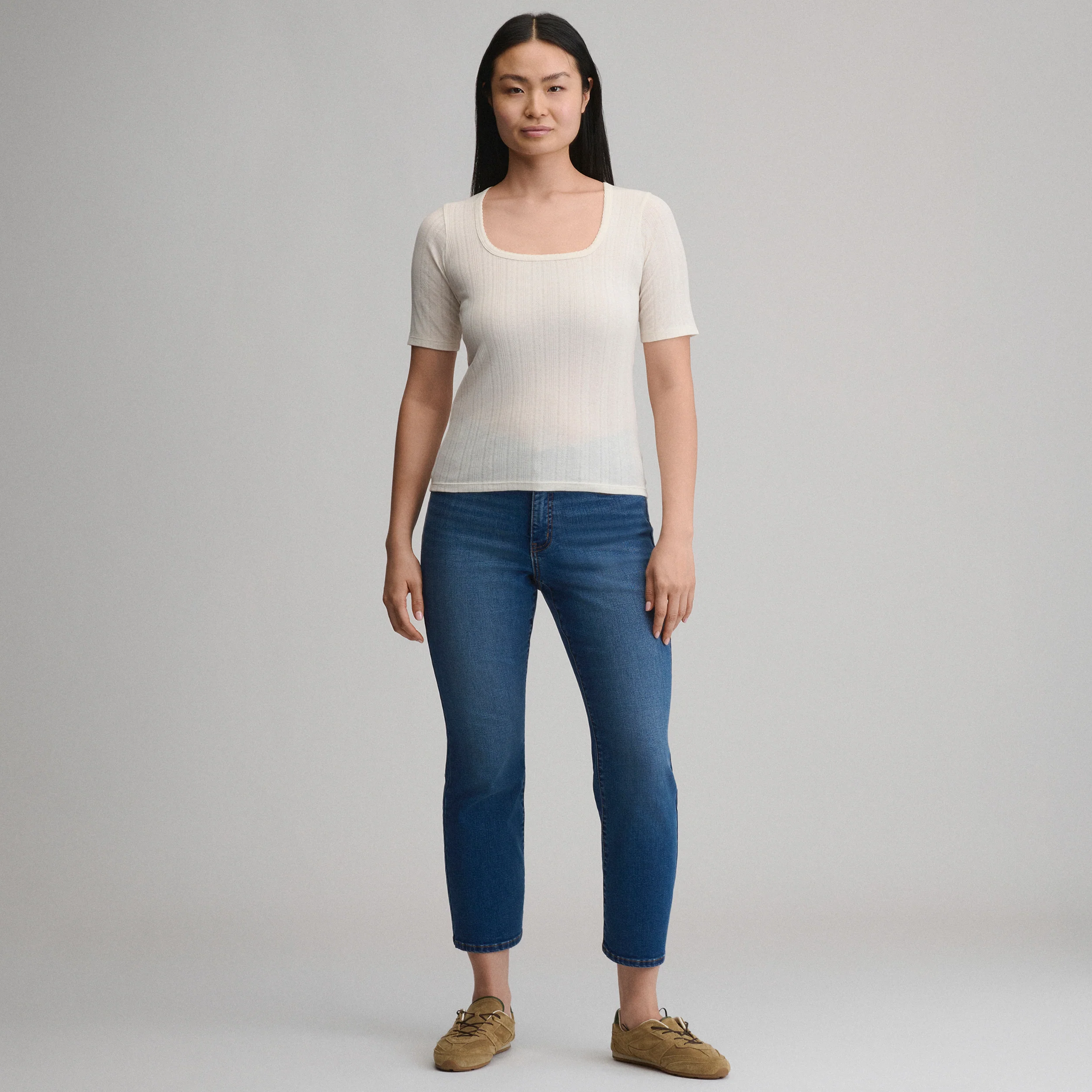 Women's Short-Sleeve Pointelle Square-Neck Crew