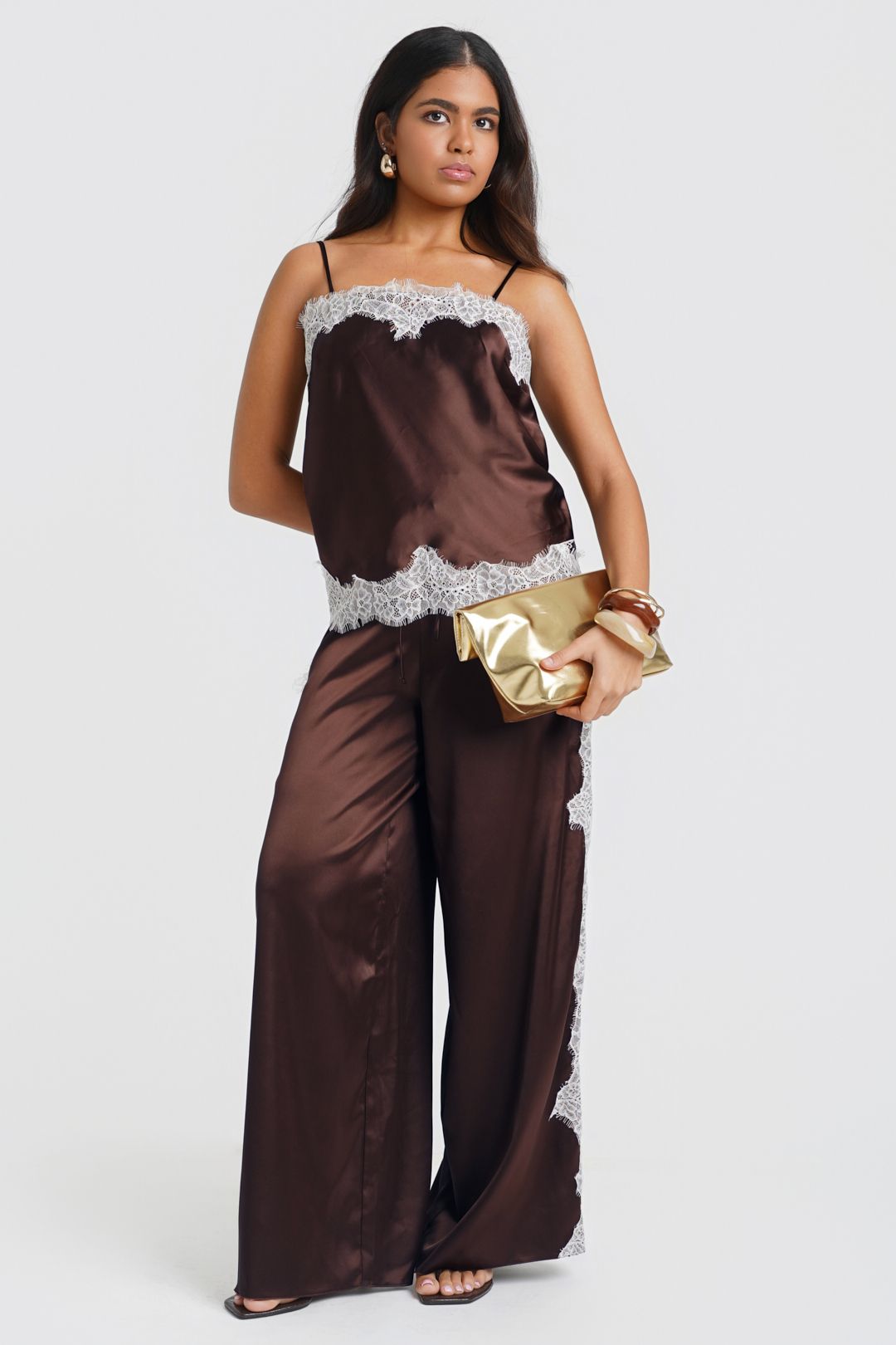 Needs No Label Brown Satin Lace Mix Trousers