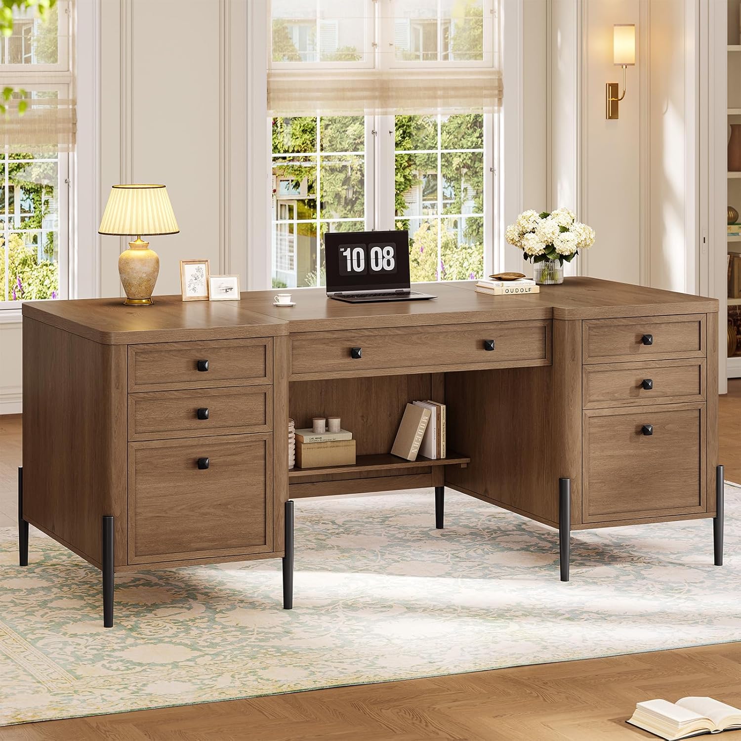 63 Executive Desk with 5 Drawers, Farmhouse Home Office Desks with 2 Storage Cabinet and Keyboard Tray, Large Boss Desk with Privacy Panel, Modern Table with Open Shelf and File Drawer
