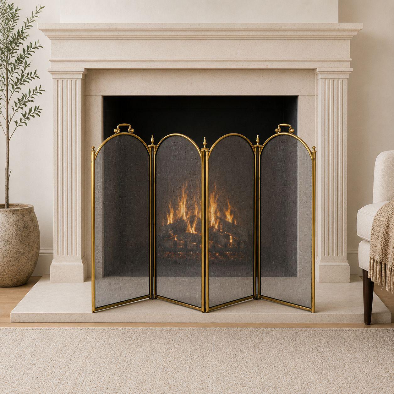Fireplace Screen 4 Panel Folding Brass Plated Top Black Mesh Gold Trim Ball Finials Handles Fold Screen Hearth Accessory Fire Place Screen