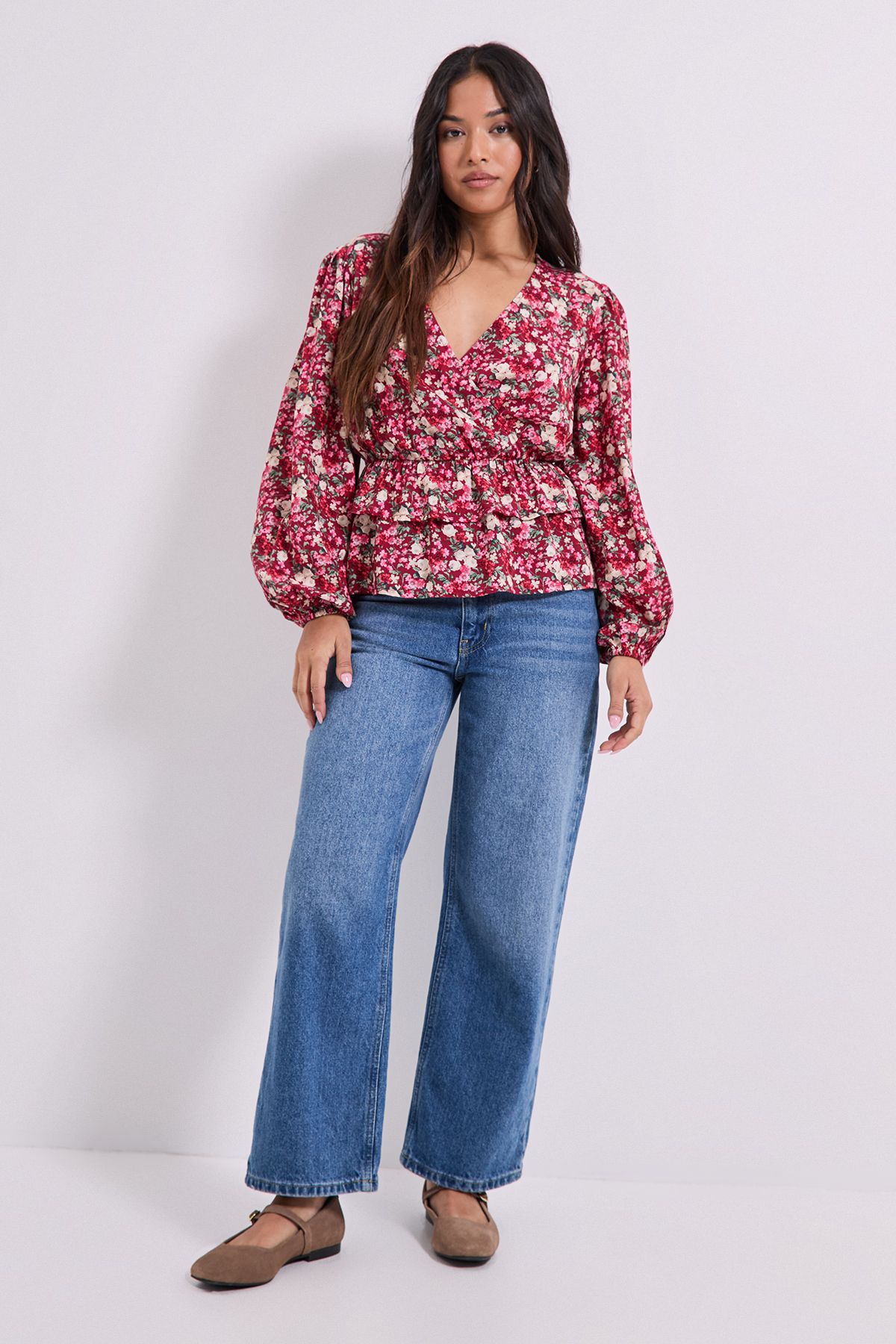 Dorothy Perkins Petite Wrap Front Frill Detail Printed Blouse