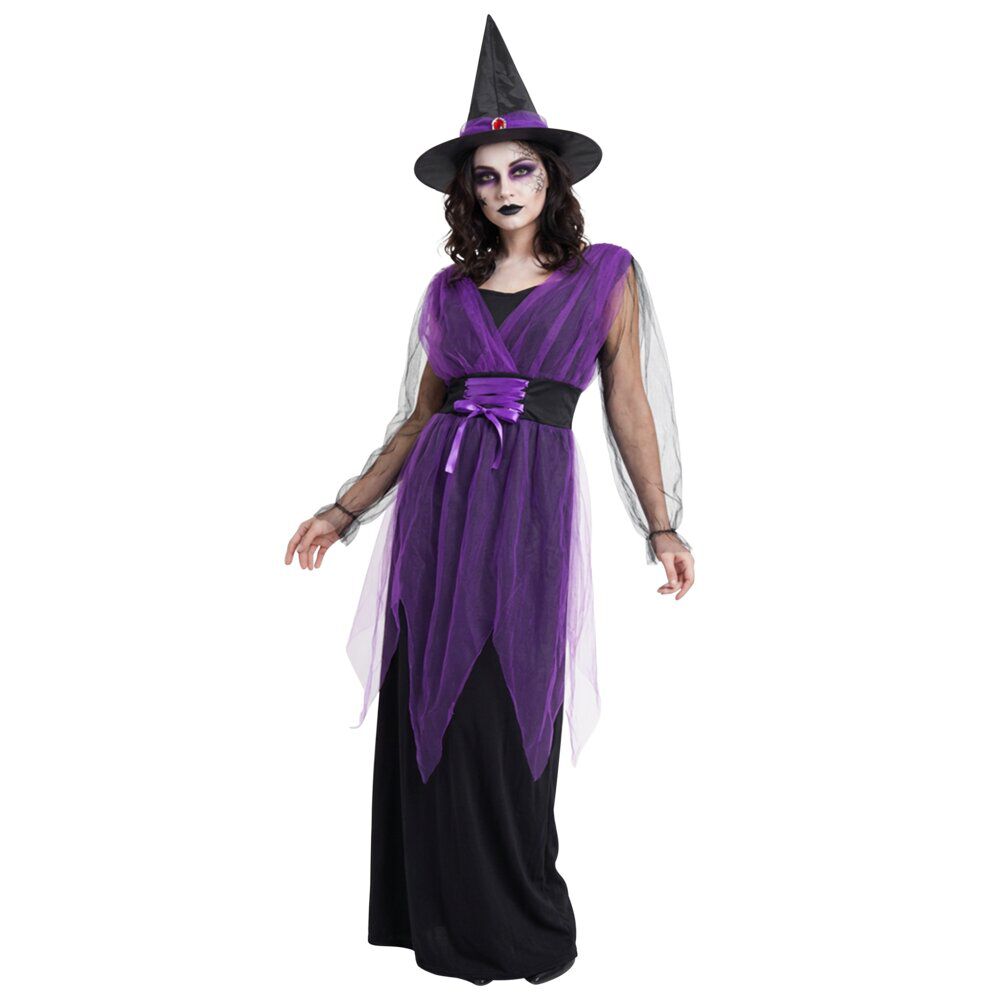 Déguisement Halloween femme robe sorcière avec chapeau noir et violet taille S