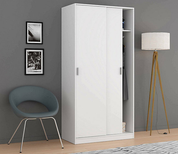 Lansing Armoire, Armoire de Chambre avec 2 portes coulissantes, Armoire avec Etagere et tringle à vêtements, 100x50h200 cm, Blanc
