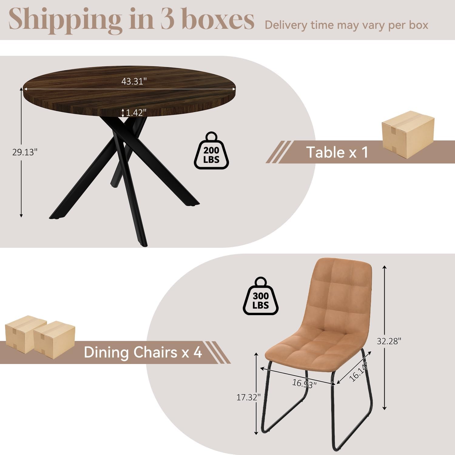 44 Round Dining Table with Cozy Chair Set for 4, Modern Mid-Century Dining Table Set of 4, Dinette Sets with Metal Leg for Kitchen Dining Room Apartment(Walnut Table + Brown Chairs)