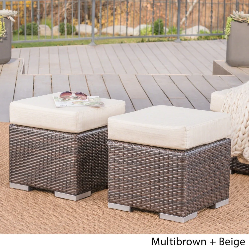 Santa Rosa Outdoor 16-inch Square Wicker Ottoman with Cushion (Set of 2) by Christopher Knight Home