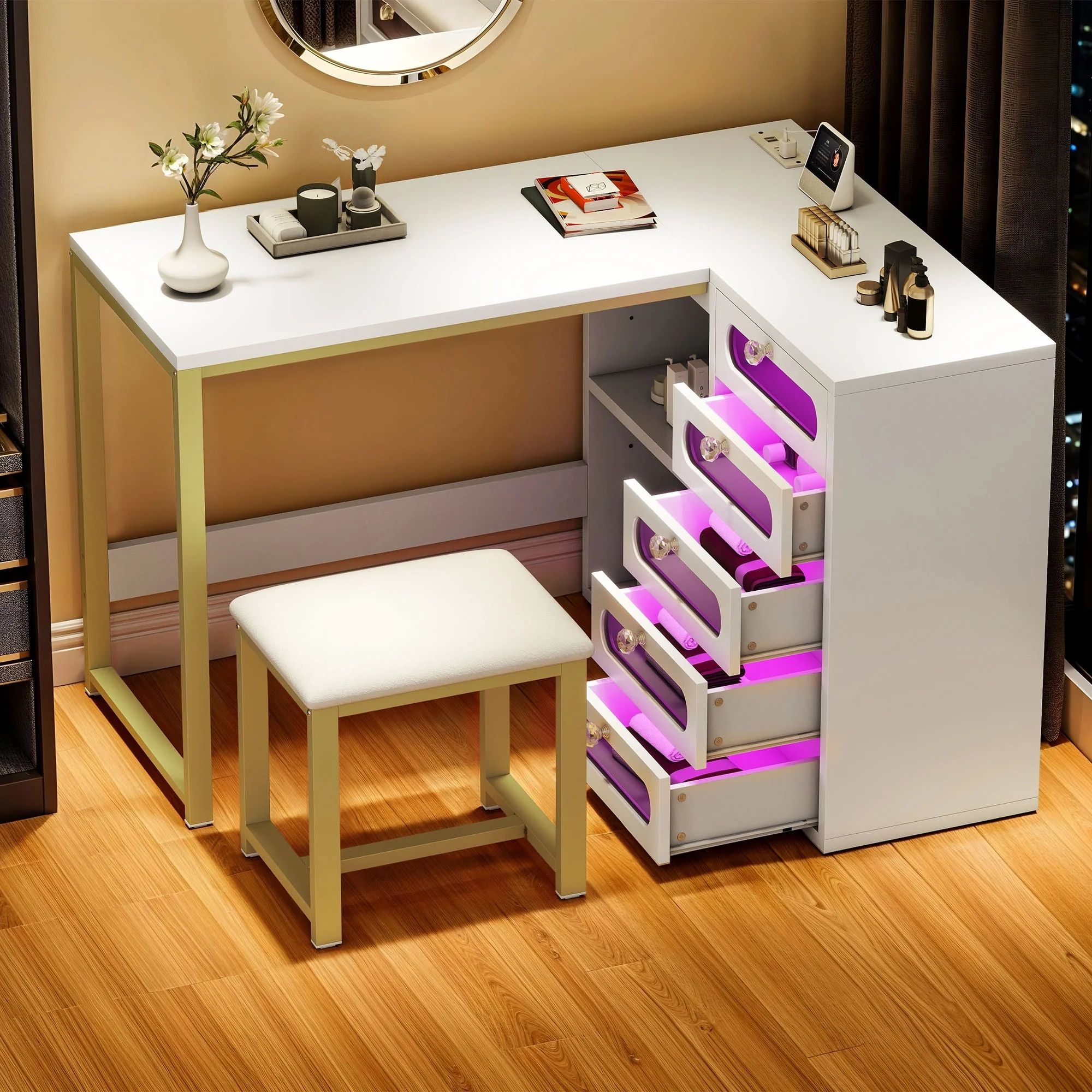 Moasis 5 Drawers L-Shape Nail Desk Set with Cushioned Stool and LED Light