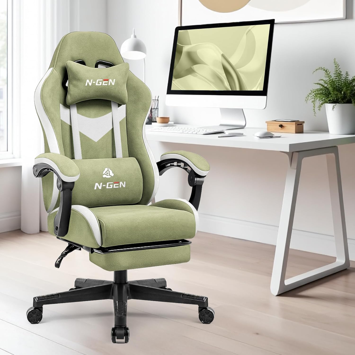 N-GEN GAMING Video Gaming Chair with Footrest Lumbar Support for Home Office High Back Recliner Height Adjustable Ergonomic Comfy Fabric Computer Desk Chair (Green)