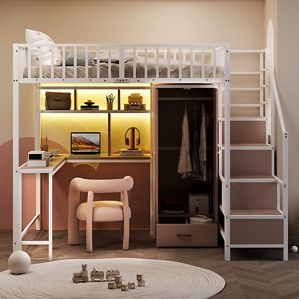 Lit mezzanine en métal 140x200 cm avec LED - avec étagères - armoire tiroir - échelle de rangement - blanc (sans matelas)
