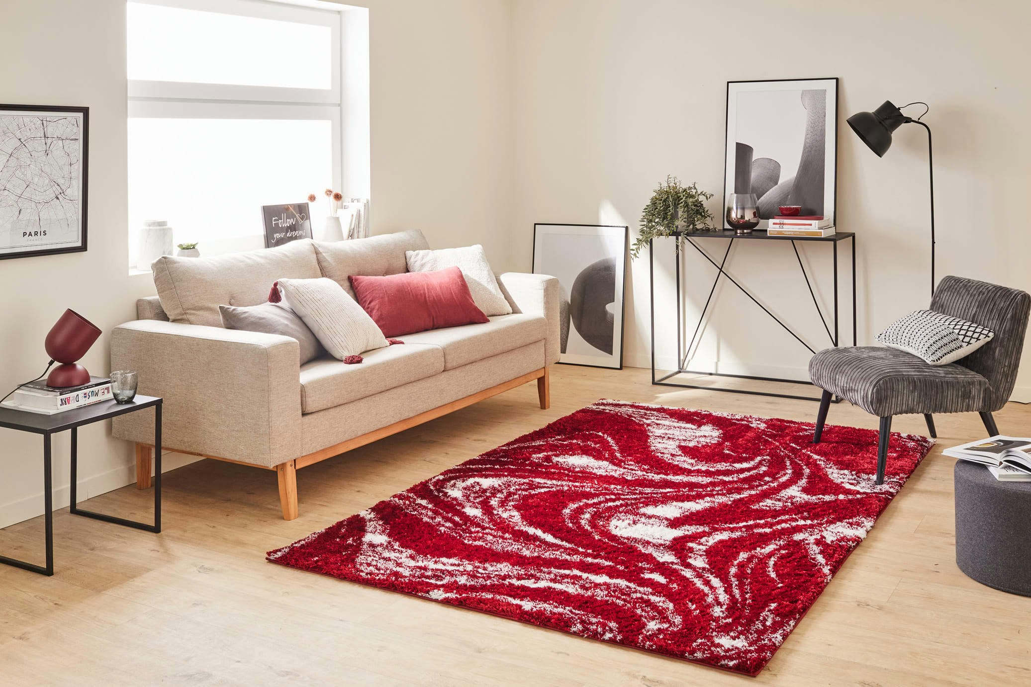 OSLO - Tapis shaggy moderne design rouge - 120x160 cm