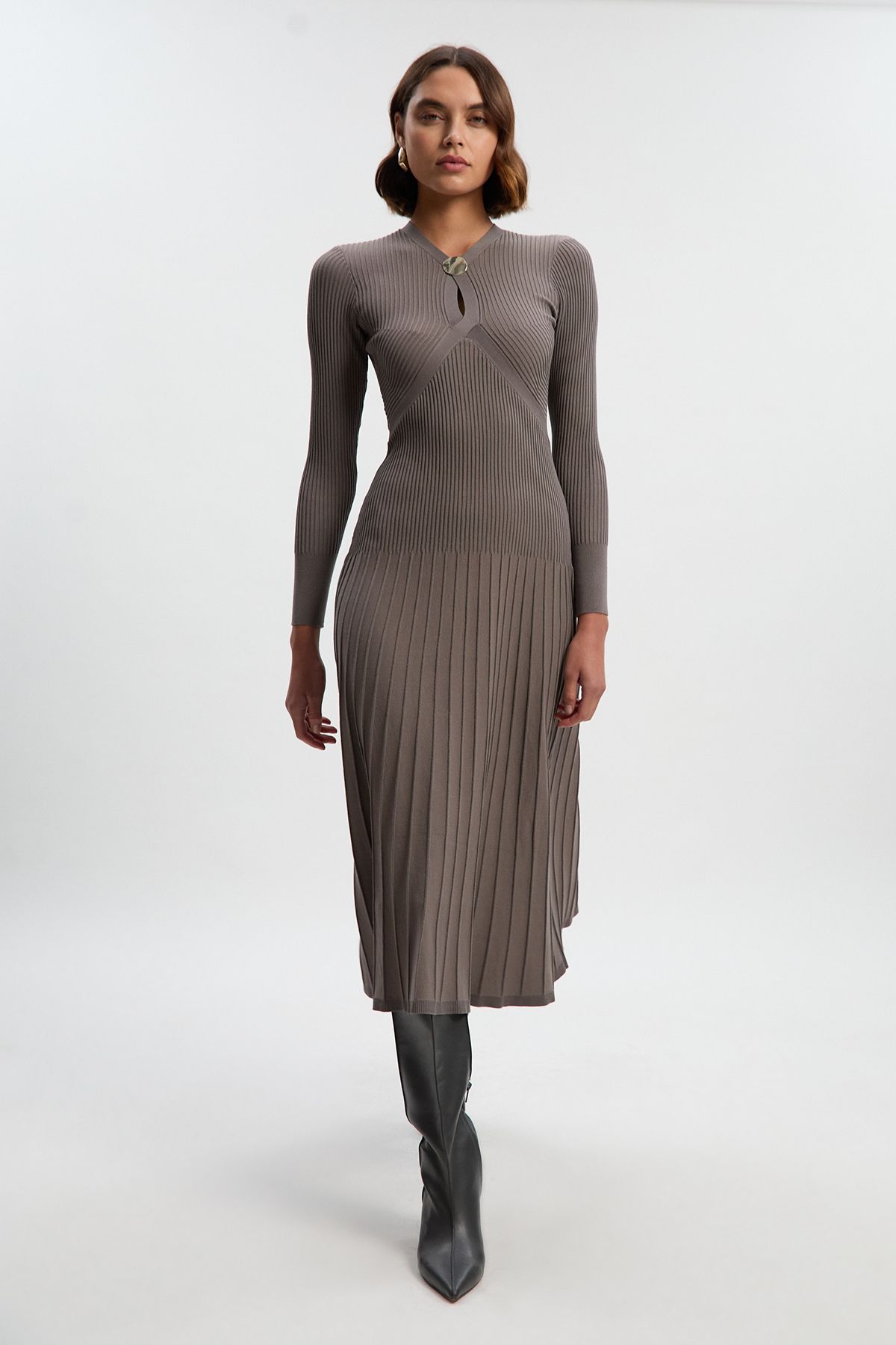 KarenMillen Rib Knit Trim Detail Full Skirt Midi Dress
