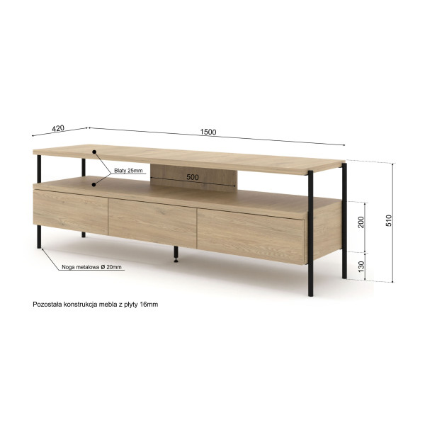 Szafka RTV DRAGONFLY 150 cm dąb cremona czarne metalowe nóżki