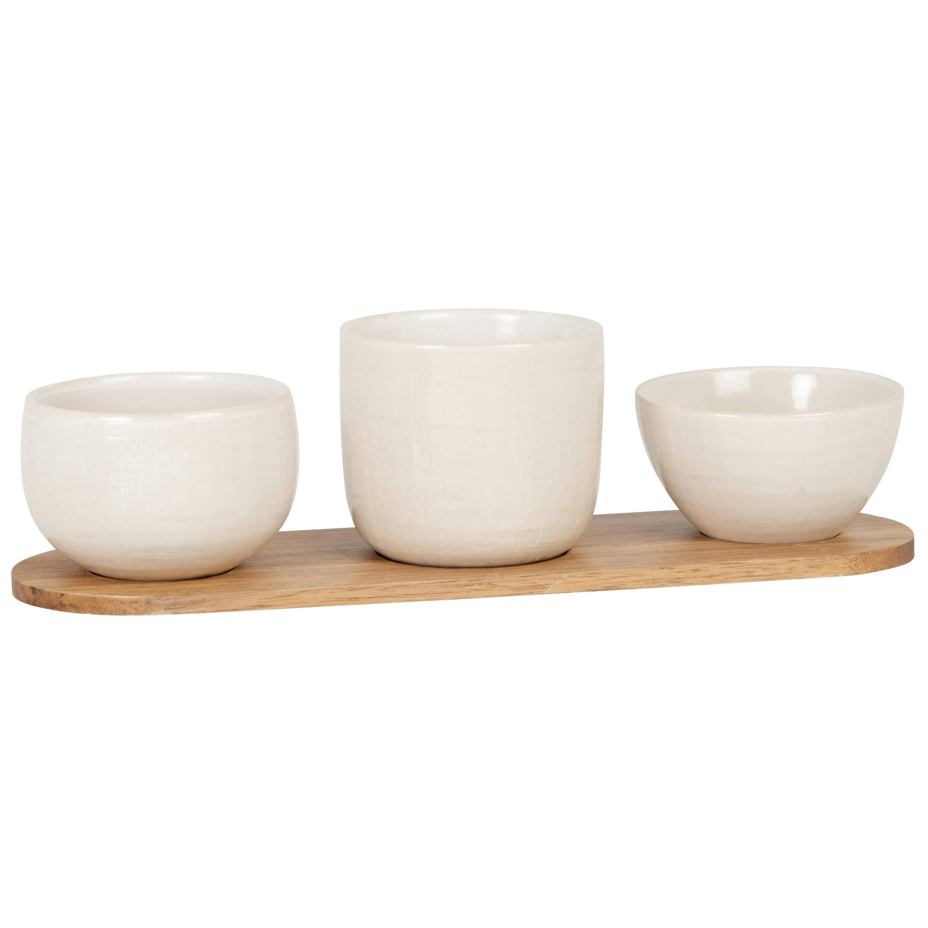 YELLOWSTONE - Coupelles apéritives en grès blanc (x3) plateau en bois d