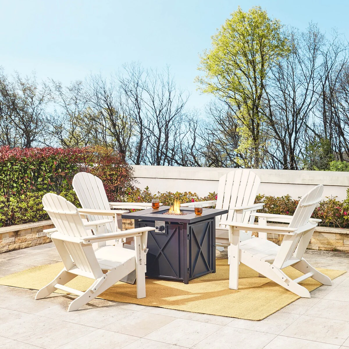 Elm Plus 5 Piece 50000 BTU Aluminum Propane Firepit Table & HDPE Folding Adirondack Chairs Set