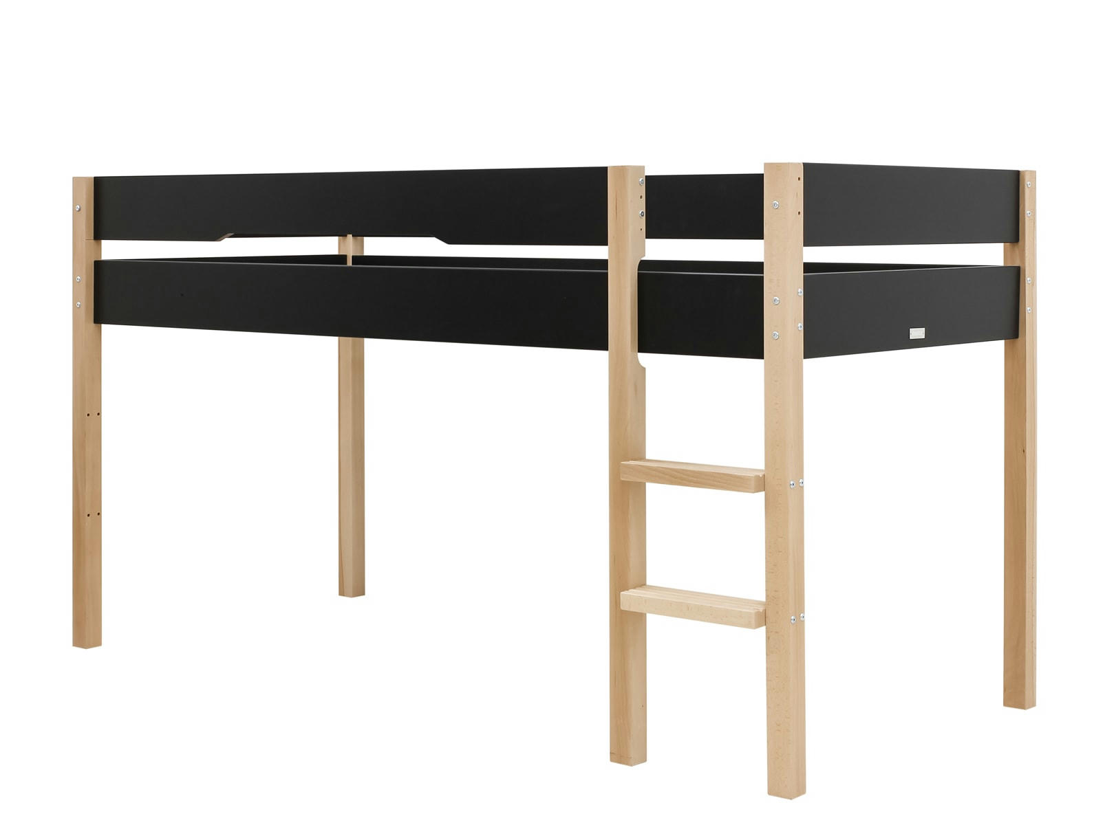 LUCAS - Lit mezzanine mi-hauteur 90x200 en MDF et hêtre noir mat