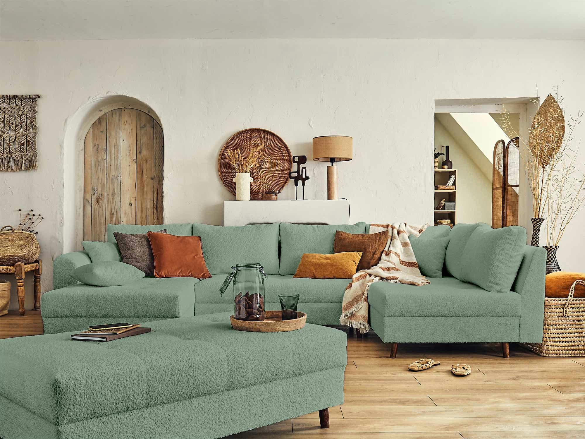 RUNE - Canapé d'angle droit convertible 7 places en tissu bouclette vert