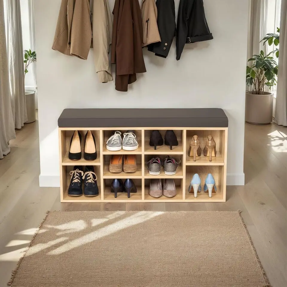 tectake Schoenenkast met zitkussen 103,5x48x30cm, Donkergrijs/Eiken Licht