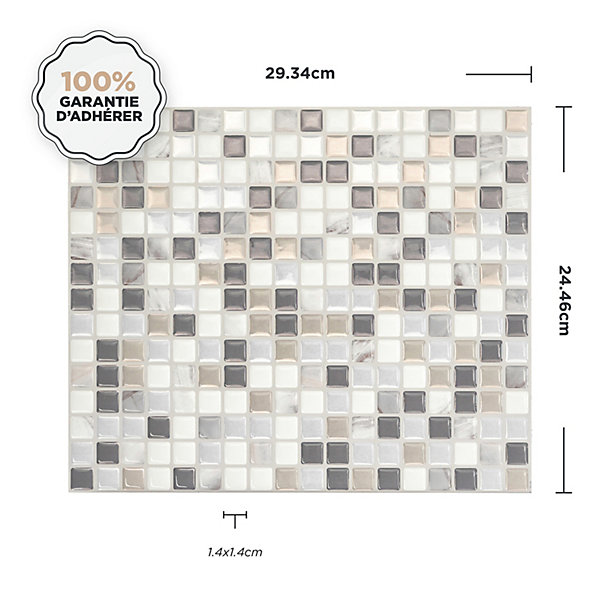 Crédence Adhésive Cuisine et Salle de Bain x4 - Carrelage Mural Smart Tiles, Gris, Blanc et Beige - 25,91 x 23,11cm