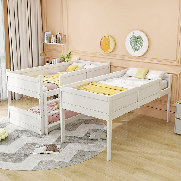 Lit superposé triple 90x200 cm avec rail haut - Transformable en 3 lits simples - Bois - Sans matelas - Blanc