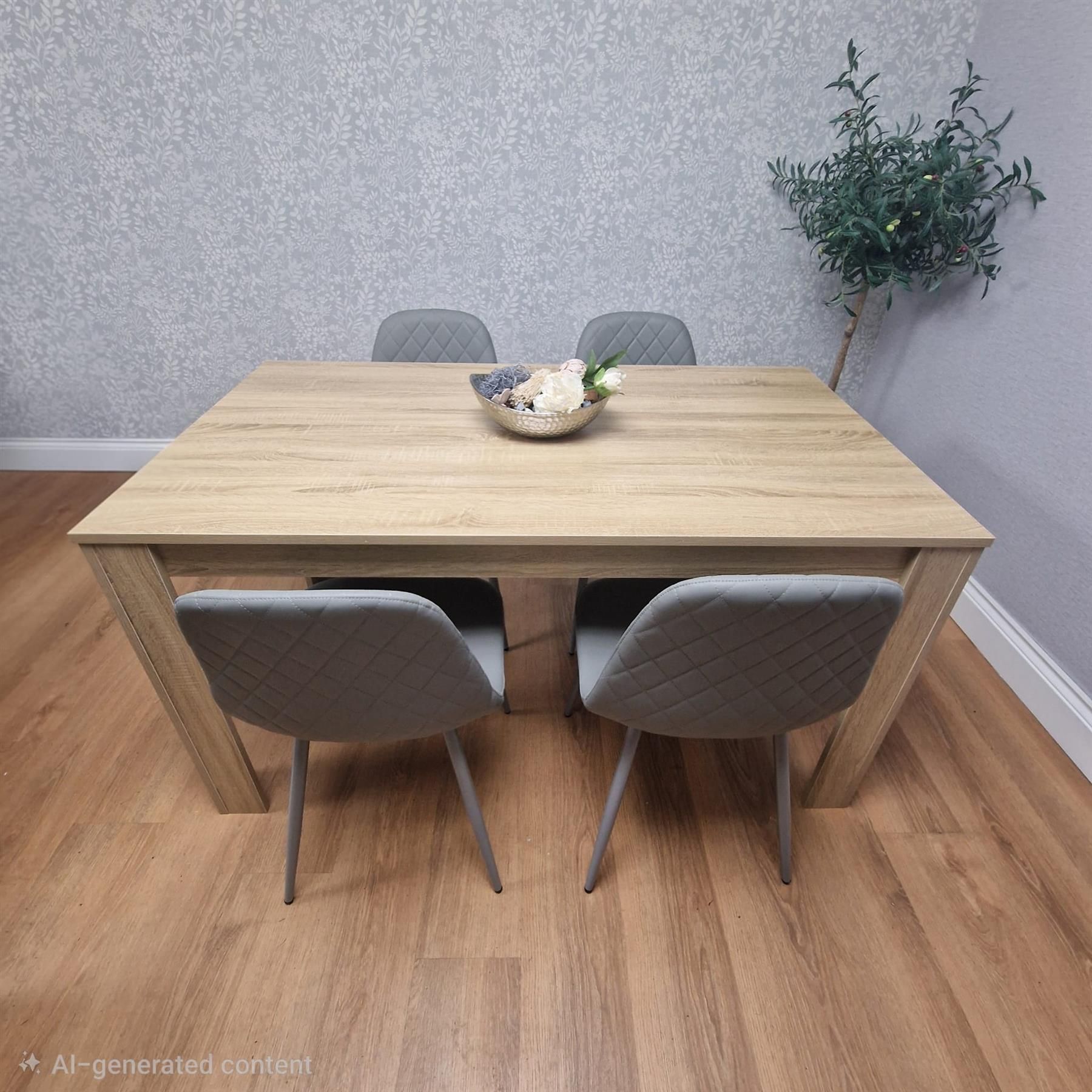 KOSY KOALA Dining Set of 4 Oak Effect Dining Table With 4 Grey Gem Patterned Chairs