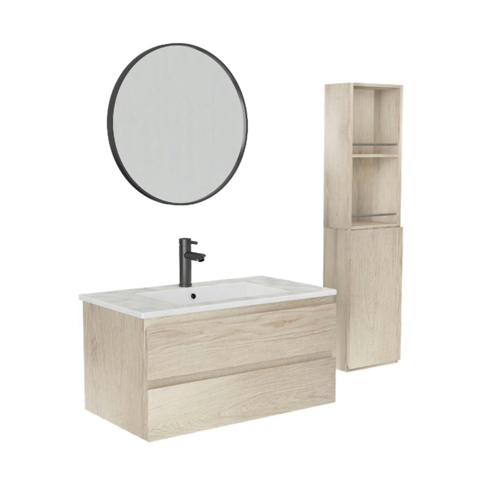 SORRENTO - Meuble simple vasque 80cm décor chêne +robinet noir+miroir+colonne