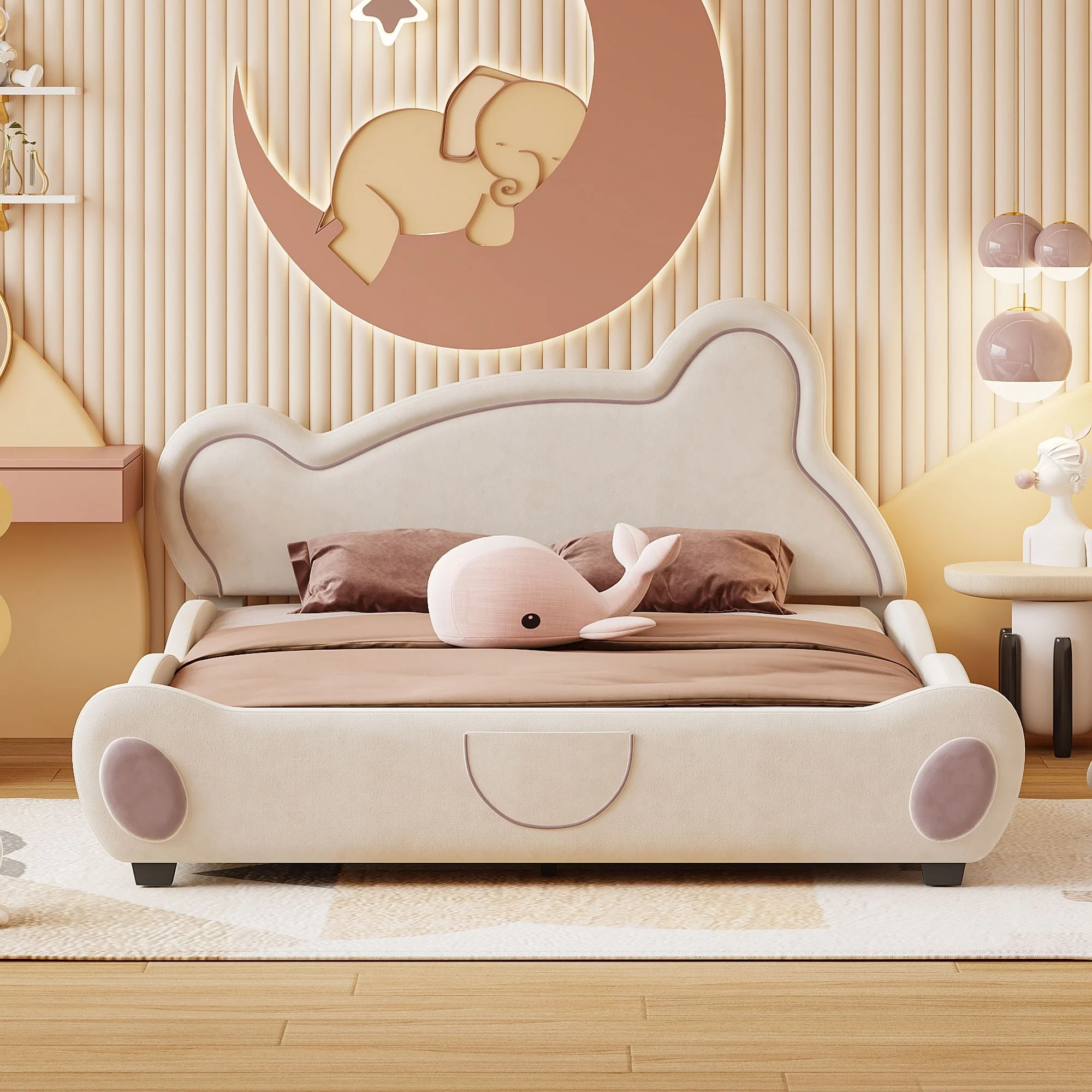 Queen Size Bear-Shaped Platform Bed with Storage Pockets - Adorable Velvet Design