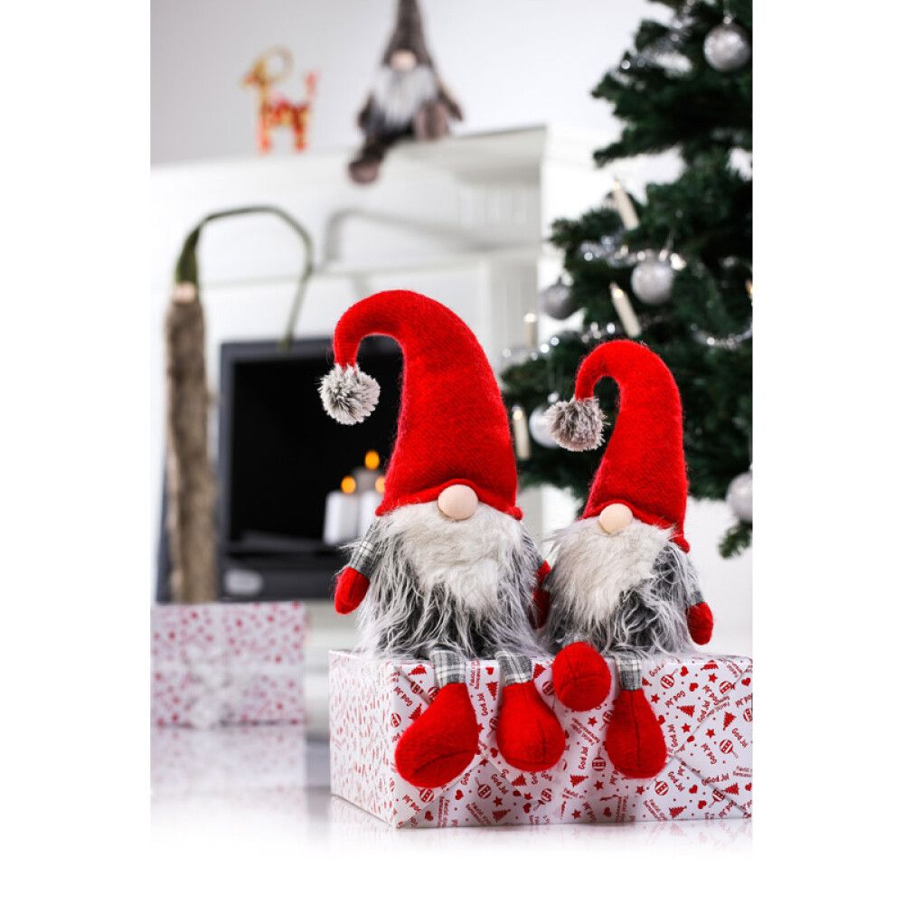 NISSE SITTENDE 42CM RØD/GRÅ