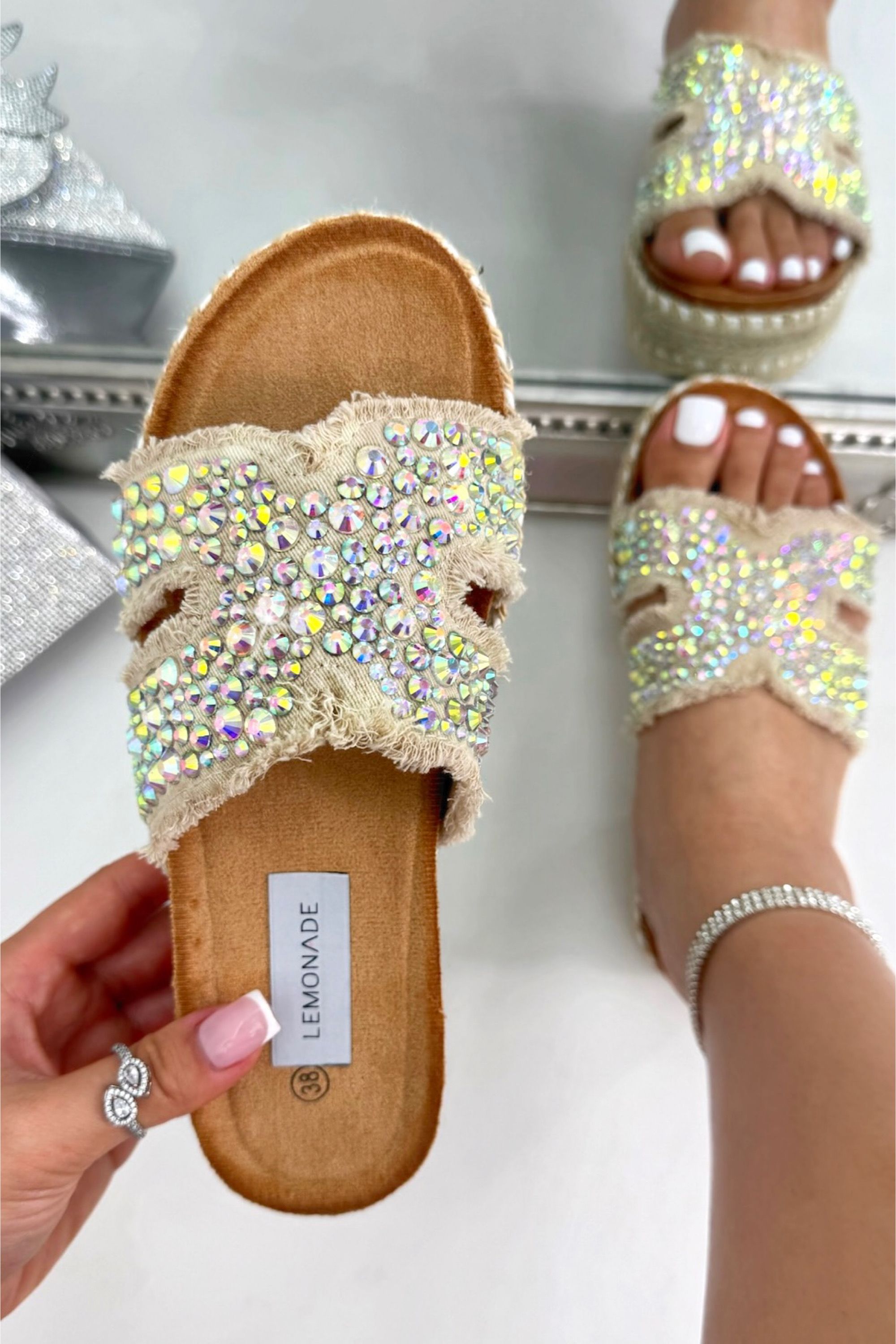 Love Lemonade Crystal Shimmer Cross Strap Platform Sliders